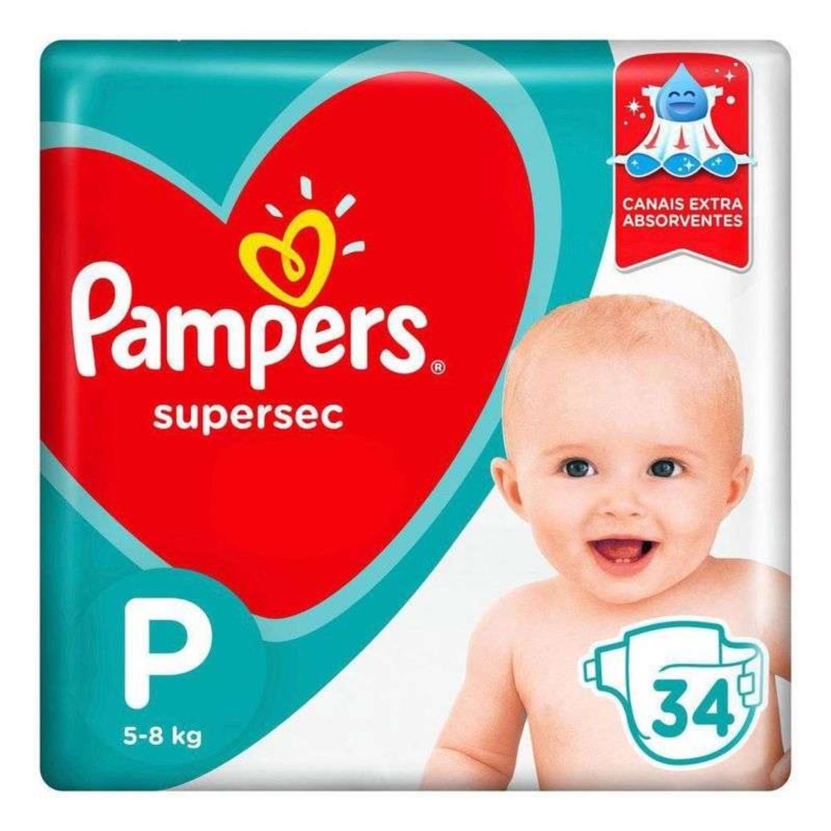 PAMPERS FRALDA SUPERSEC CANAIS EXTRAS ABSORVENTES PACOTAO TAMANHO P COM 34 UNIDADES