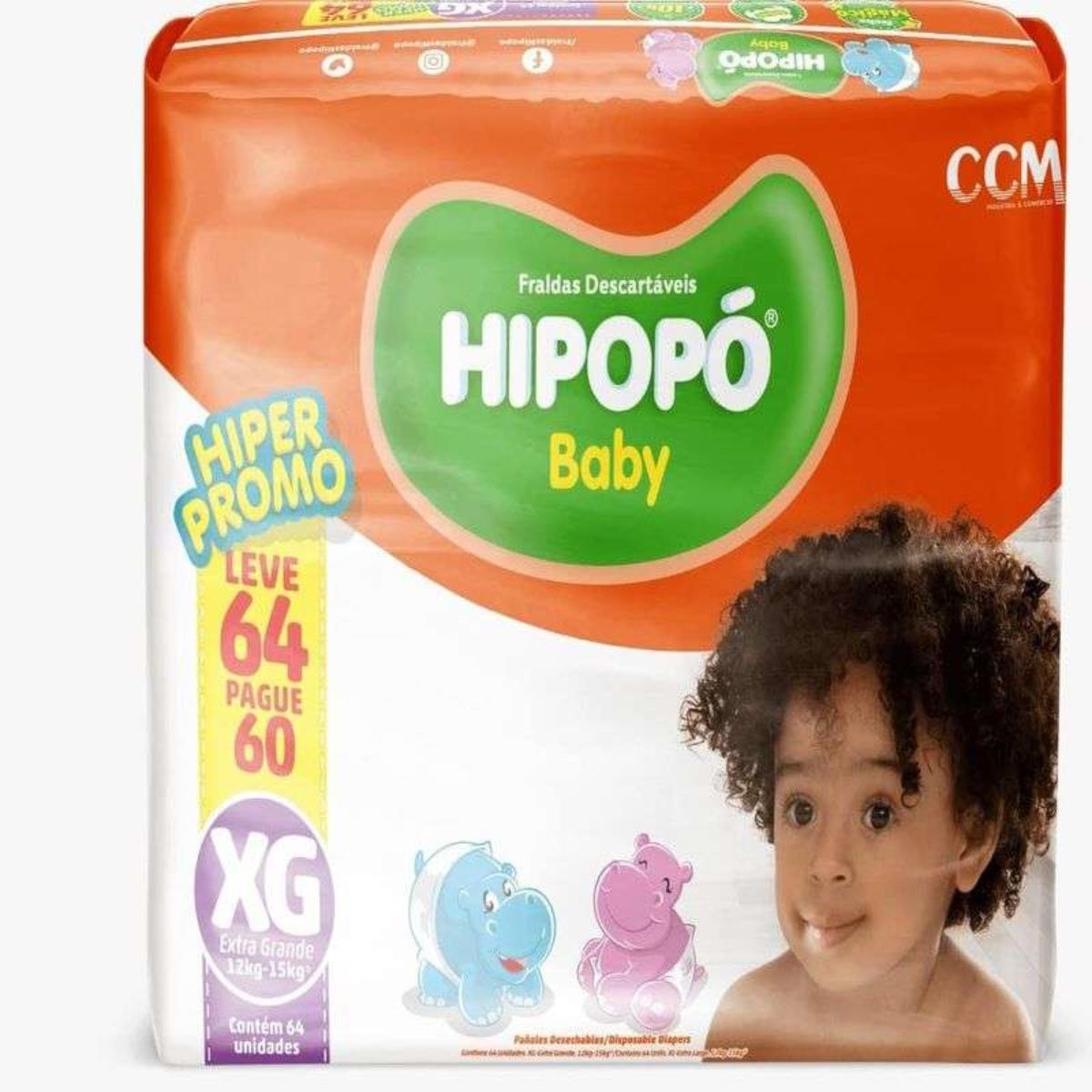 HIPOPO FRALDA MEGA TAMANHO XG COM 60 UNIDADES + 4 TIRAS GRATIS
