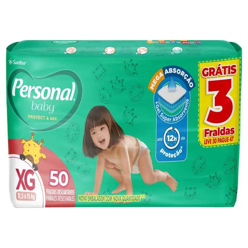 PERSONAL FRALDA PROTECT SEC HIPER LEVE 50 UNIDADES E PAGUE 47 UNIDADES TAMANHO XG
