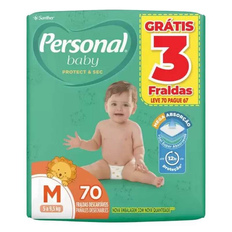 PERSONAL FRALDA PROTECT SEC HIPER LEVE 70 UNIDADES E PAGUE 67 UNIDADES TAMANHO M
